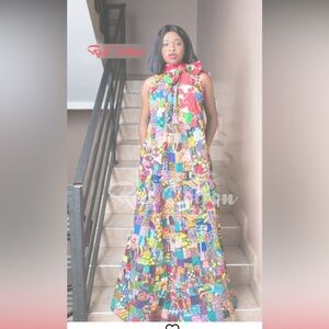 Two-Tone African Print tie-neck halter Maxi Dress with Star and Geometric Print